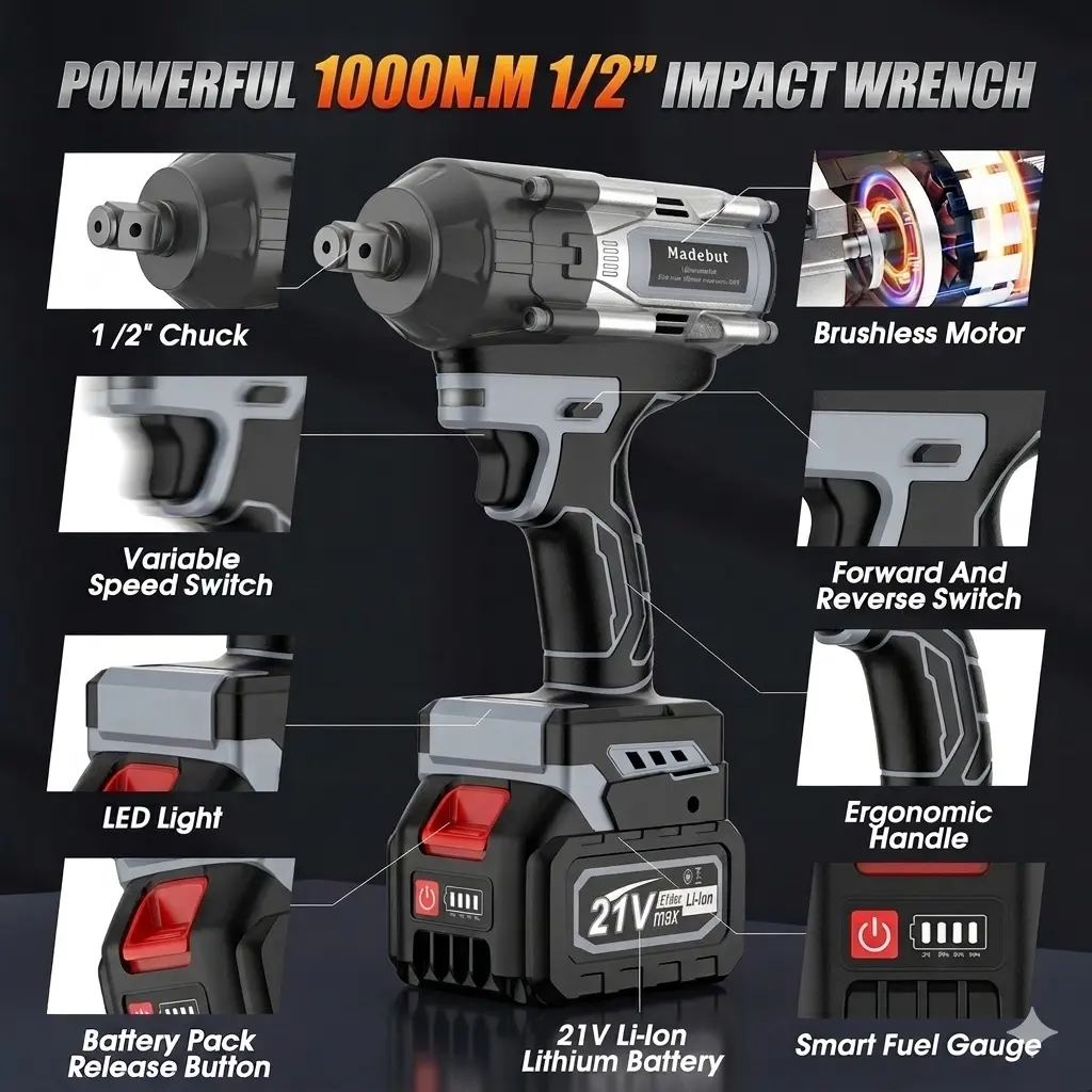 Llave de impacto inalámbrica de 1000 N·m: Pistola eléctrica de alto par