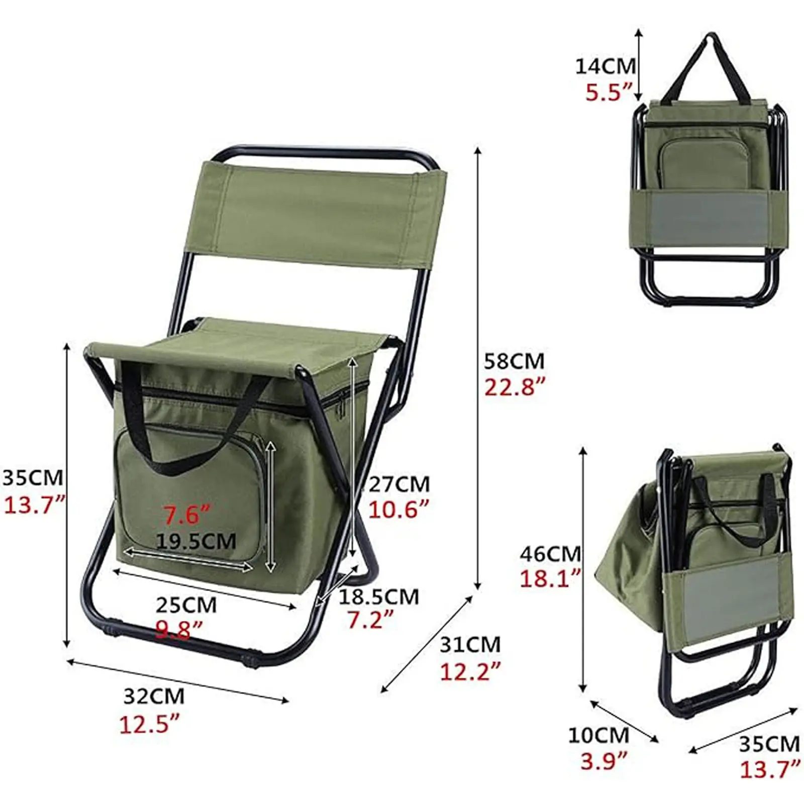 Silla de pesca portátil con bolsa térmica, taburete de pesca compacto, silla de camping plegable y compacta, silla para exteriores de resistente tela Oxford, soporta hasta 440 libras (aprox. 200 kg); ideal para viajes, acampada, caza y senderismo.