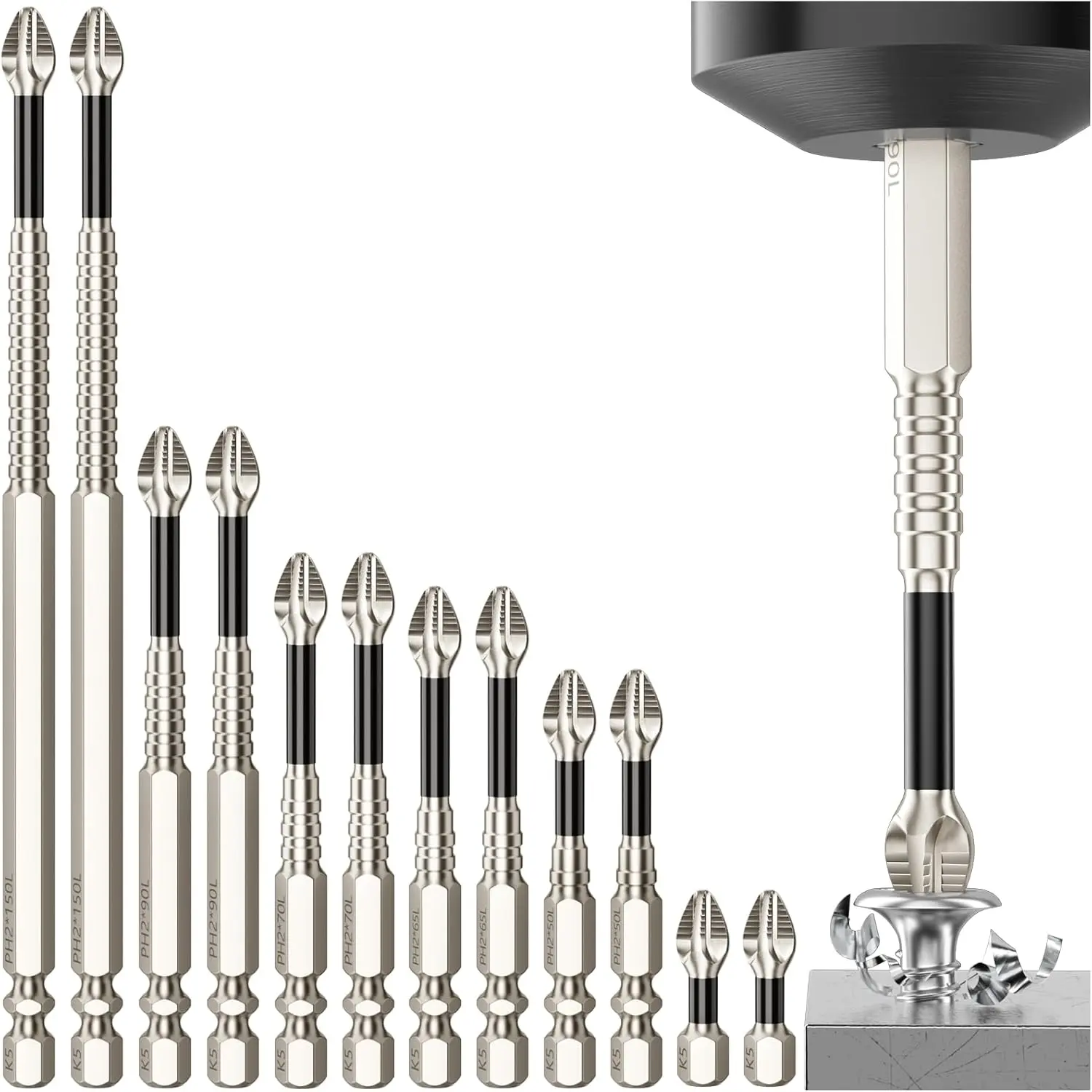 Juego de 9 puntas de destornillador magnéticas ADESKE PH2: puntas de acero S2 resistentes a impactos, puntas antideslizantes para taladro y destornillador eléctrico, hexágono de 1/4", 25-150 mm