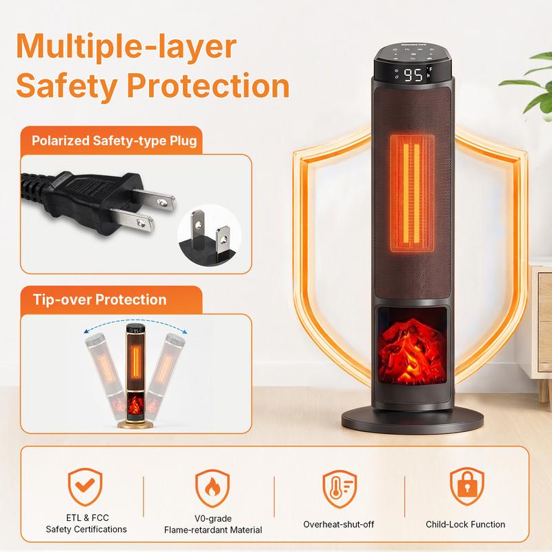 Calefactor Sweetcrispy de 23 pulgadas, calefactor eléctrico de 1500 W con temporizador de 12 horas, 4 modos, oscilación de 70°, termostato (50-95 °F), calentamiento rápido y bloqueo de seguridad para niños.
