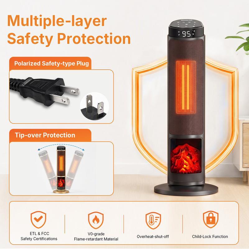 Calefactor Sweetcrispy de 23 pulgadas, calefactor eléctrico de 1500 W con temporizador de 12 horas, 4 modos, oscilación de 70°, termostato (50-95 °F), calentamiento rápido y bloqueo de seguridad para niños.