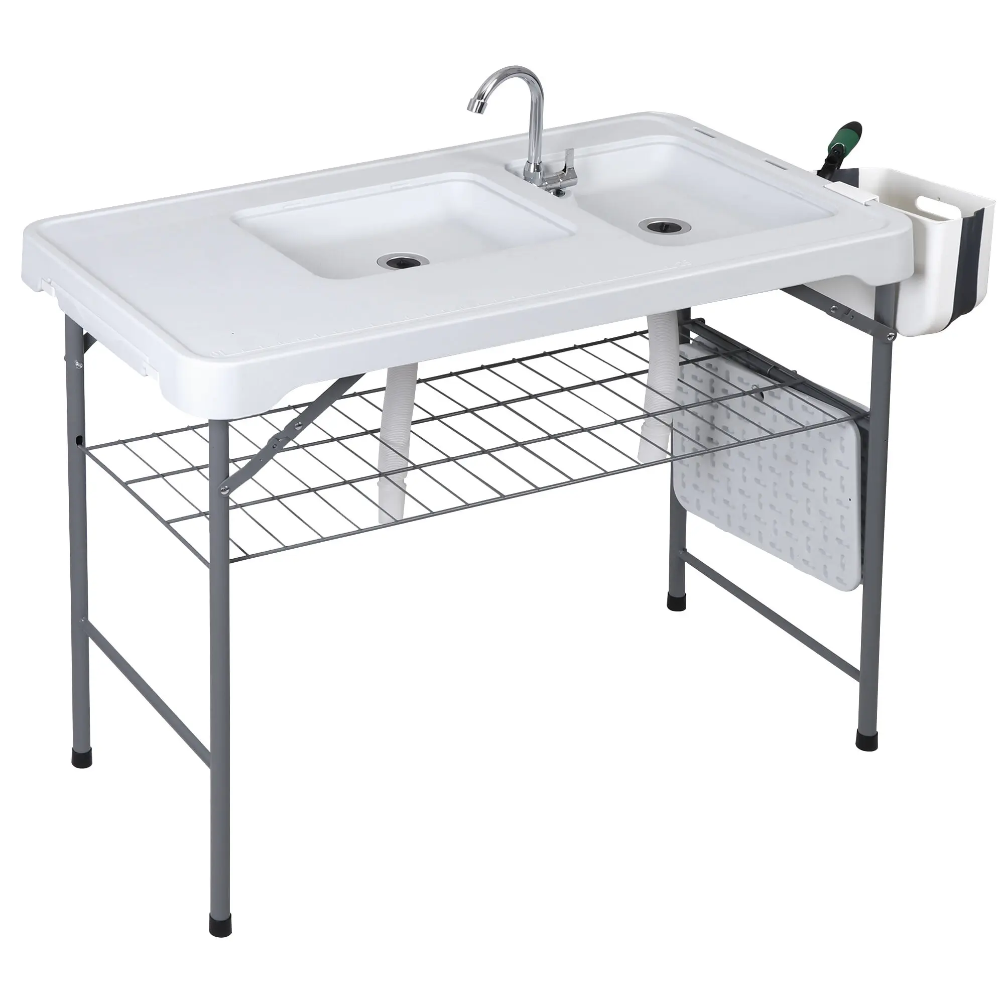 Estación de preparación exterior multiusos Segawe All-in-1: mesa exterior ligera, mesa plegable portátil de PE y acero con patas plegables, fregaderos dobles, grifo, rejilla, capacidad de 660 lb, limpieza de pescado, muebles de patio esenciales para barba