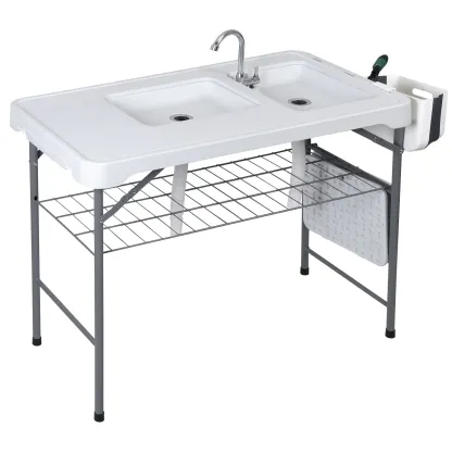 Estación de preparación exterior multiusos Segawe All-in-1: mesa exterior ligera, mesa plegable portátil de PE y acero con patas plegables, fregaderos dobles, grifo, rejilla, capacidad de 660 lb, limpieza de pescado, muebles de patio esenciales para barba