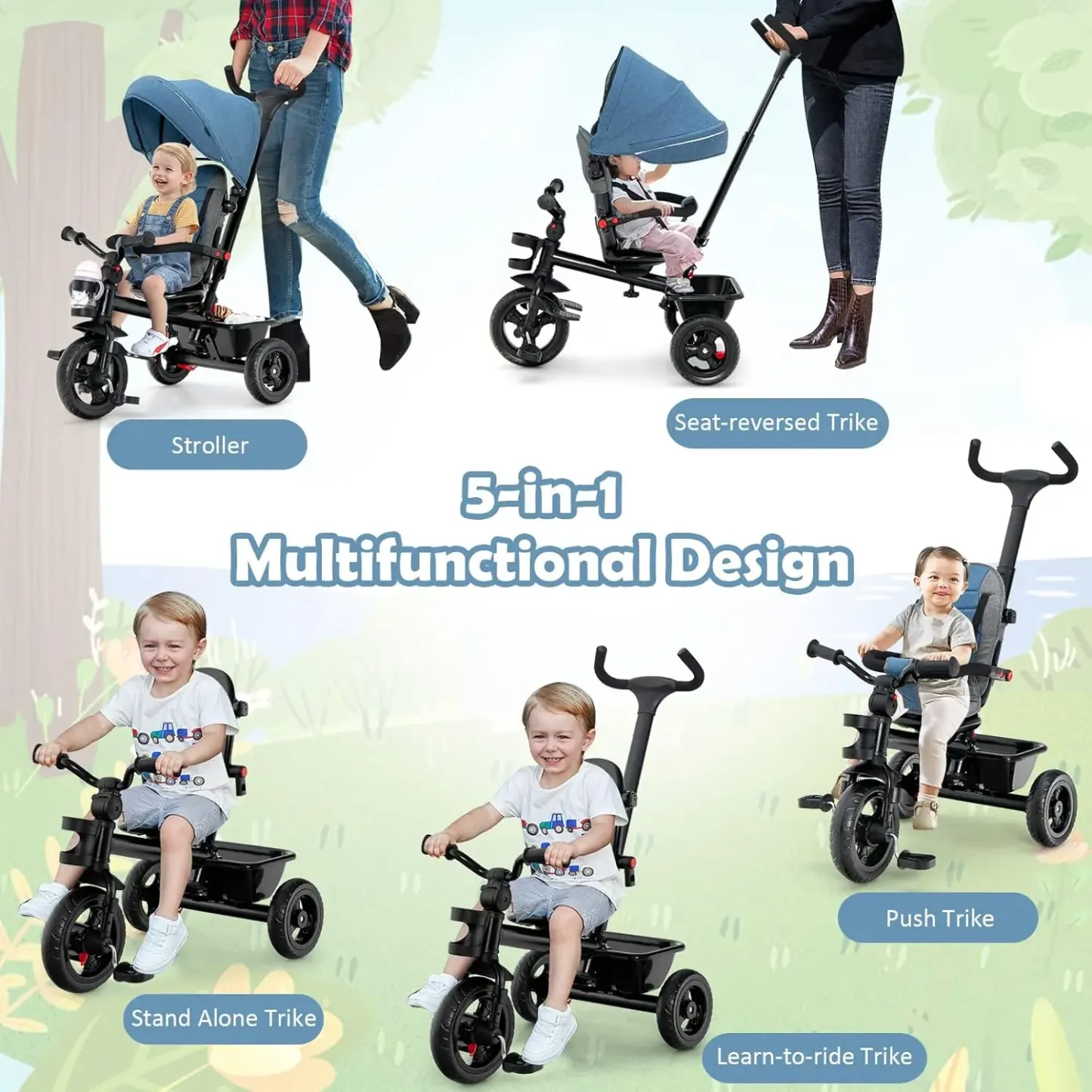 Triciclo Costzon para niños pequeños: con barra de empuje extraíble, asiento reversible, ruedas de EVA, toldo ajustable, portavasos y espacio de almacenamiento. Regalo para el Día de la Madre. ¡Ambiente veraniego!