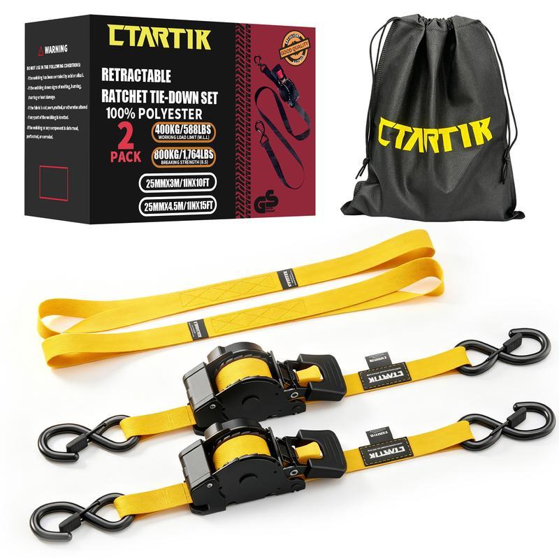 CTARTIK Juego de Correas de Amarre con Trinquete Retráctiles | 2,5cm x 3m | 1.764 lbs Resistencia | Autoajustables | Fijación Segura | Para Moto, Camión y Equipaje |