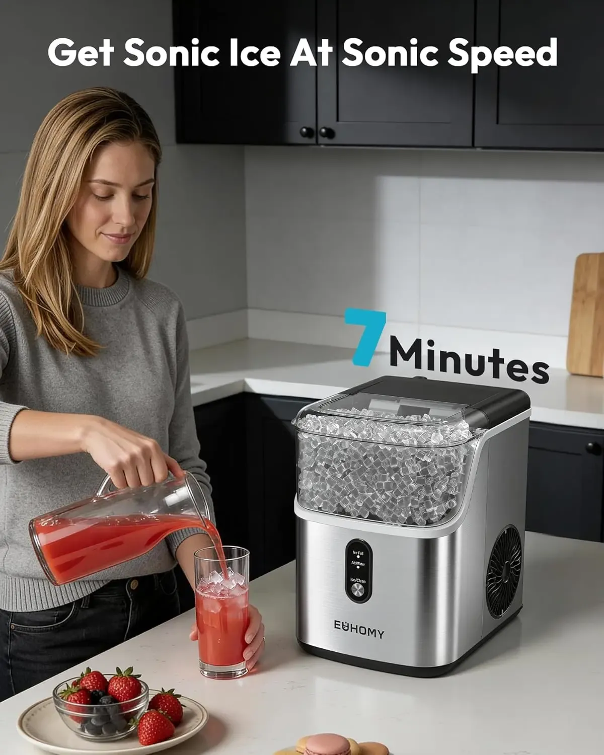 Máquina de hielo en pepitas (nugget) de sobremesa EUHOMY; produce hielo suave (capacidad de 35 lb o 33 lb/24 h); función de autolimpieza; incluye pala y cesta para hielo; ideal para el hogar, la cocina o la oficina.