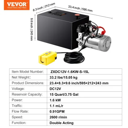 Bomba hidráulica VEVOR, unidad de potencia hidráulica de 6 cuartos de galón, bomba de doble efecto para remolque volquete, caudal de 0,91 GPM, presión máxima de alivio de 3200 PSI, bomba hidráulica de 12 V CC para remolque volquete y elevación de vehículo