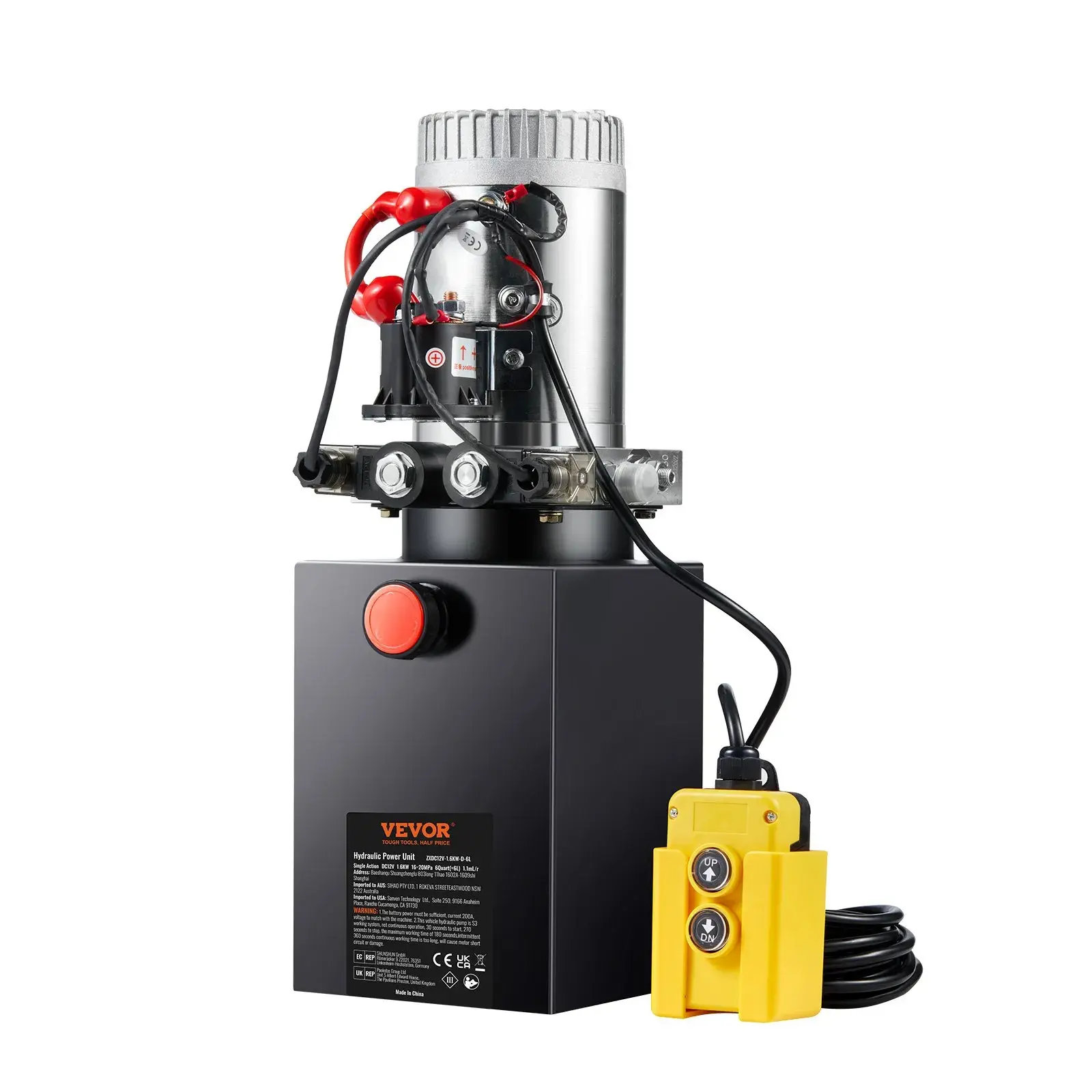 Bomba hidráulica VEVOR, unidad de potencia hidráulica de 6 cuartos de galón, bomba de doble efecto para remolque volquete, caudal de 0,91 GPM, presión máxima de alivio de 3200 PSI, bomba hidráulica de 12 V CC para remolque volquete y elevación de vehículo