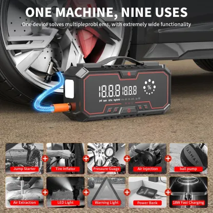 Arrancador de batería portátil para coche Kapeezi de 12 V, batería externa (power bank) de 18 000 mAh, inflador de neumáticos de 160 PSI, luz LED, kit de herramientas para coche; accesorio esencial para automóviles.