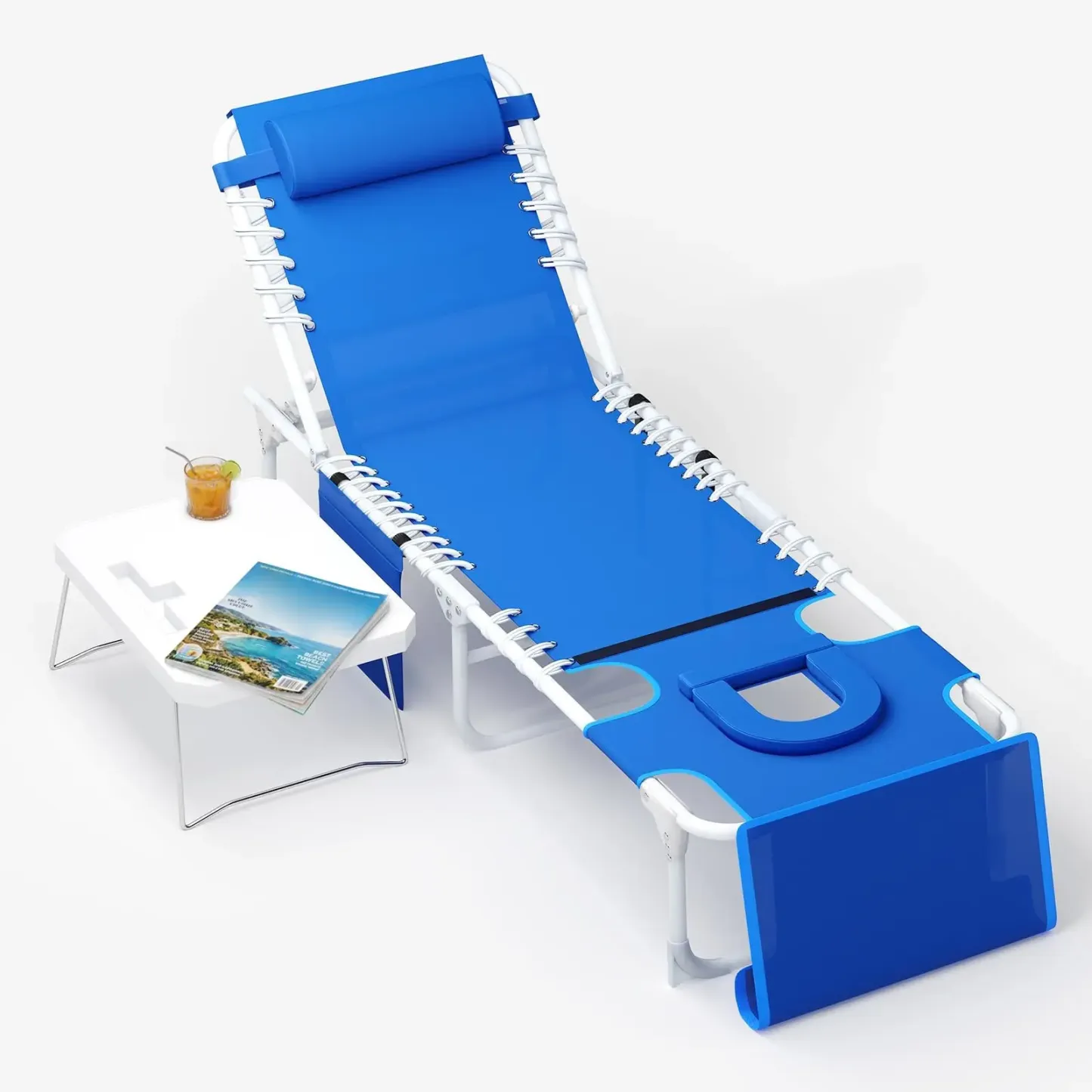 Banco de jardín multifuncional 3 en 1, respaldo de 5 posiciones, cojín extraíble, mesa lateral plegable; para exteriores (playa, piscina, patio, jardín), carga máxima de 150 kg.