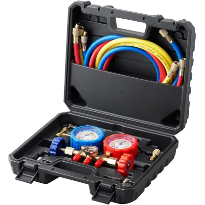 Juego de manómetros de diagnóstico VEVOR para aire acondicionado automotriz; manómetros de 3 vías para refrigerantes R134a, R404A, R1234yf y R22, con mangueras de 5 pies, acopladores y adaptadores; herramienta HVAC para carga, diagnóstico y evacuación de 