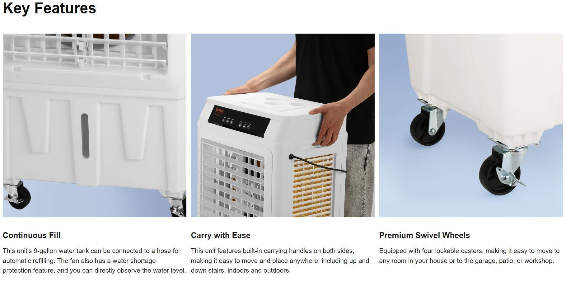 【Summerfinds】VEVOR Evaporative Air Cooler, 3100 CFM, 135&deg; Oscillating Swamp Cooler with Adjustable 3 Speeds and 12 H Timer, 9 Gal Portable Air Cooler for 950 Sq.ft, Indoor/Outdoor Use