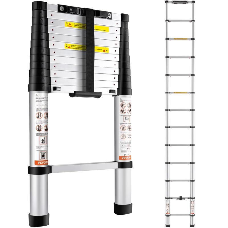 Escalera telescópica VEVOR, de aluminio, extensible y plegable con retracción de un solo botón; capacidad de carga con patas antideslizantes. Escalera compacta, portátil y multiusos para el hogar, vehículos recreativos (RV) y lofts; listada según la norma
