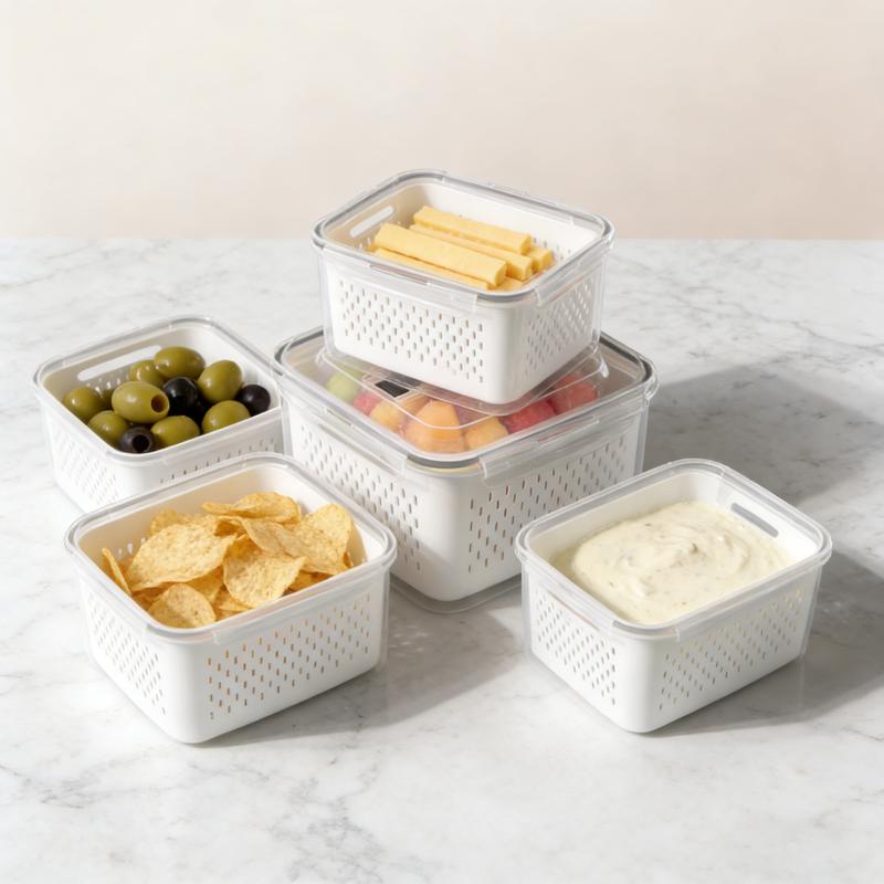 Organizadores de almacenamiento para refrigerador (juego de 3 o 5 piezas): Recipientes apilables de plástico transparente con colador extraíble; herméticos, aptos para lavavajillas y microondas; mantienen frescas por más tiempo las frutas y verduras.