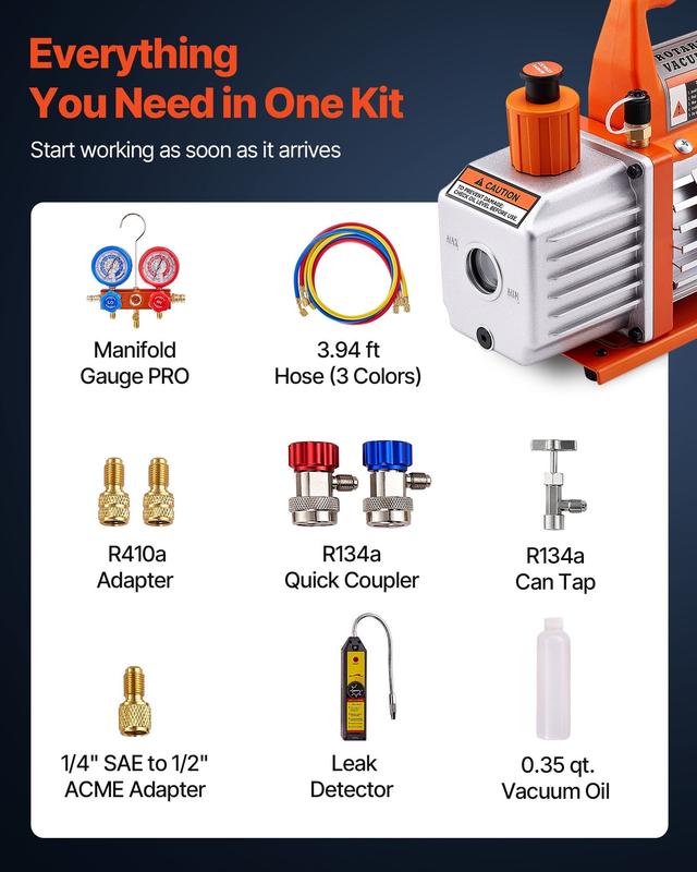 Kit de bomba de vacío rotativa de paletas de una etapa (4 CFM, 1/3 HP) para HVAC y manómetro múltiple — Summervibes