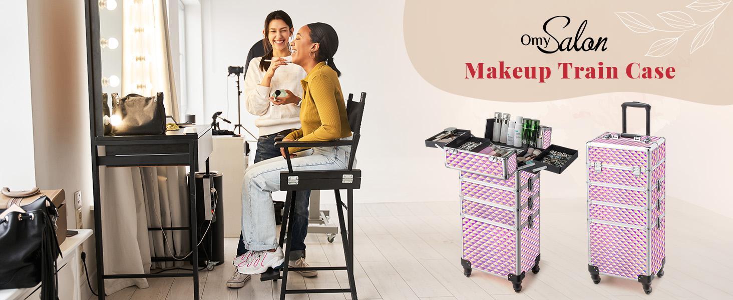 OmySalon 4-in-1 Design Rolling Makeup Train Case - Travel Cosmetic Bag, Lift Handle, 4 Removable Lockable Wheels with Keys, Aluminum Trolley Organizer for Beauty Center Professionals, Ideal Xmas/New Year Gift