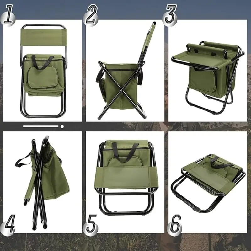Silla de pesca portátil con bolsa térmica, taburete de pesca compacto, silla de camping plegable y compacta, silla para exteriores de resistente tela Oxford, soporta hasta 440 libras (aprox. 200 kg); ideal para viajes, acampada, caza y senderismo.