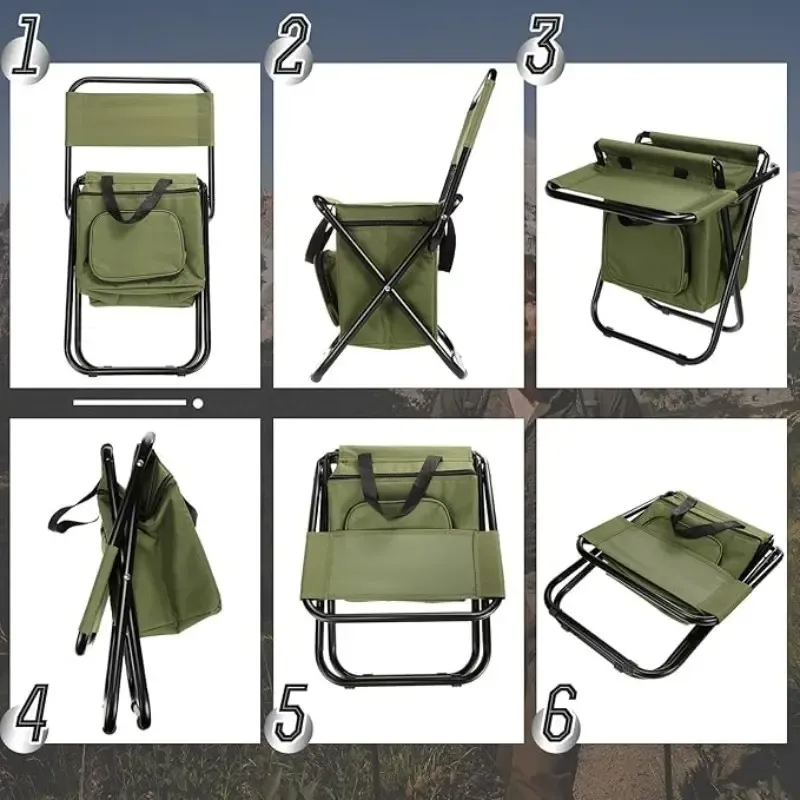 Silla de pesca portátil con bolsa térmica, taburete de pesca compacto, silla de camping plegable y compacta, silla para exteriores de resistente tela Oxford, soporta hasta 440 libras (aprox. 200 kg); ideal para viajes, acampada, caza y senderismo.