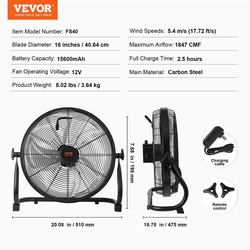 Ventilador inalámbrico VEVOR de 16 pulgadas: ventilador personal portátil y silencioso para el hogar o la oficina, con cabezal pivotante manual de 360 ​​grados, regulación de velocidad continua, alta velocidad y funcionamiento inalámbrico; ventilador de s