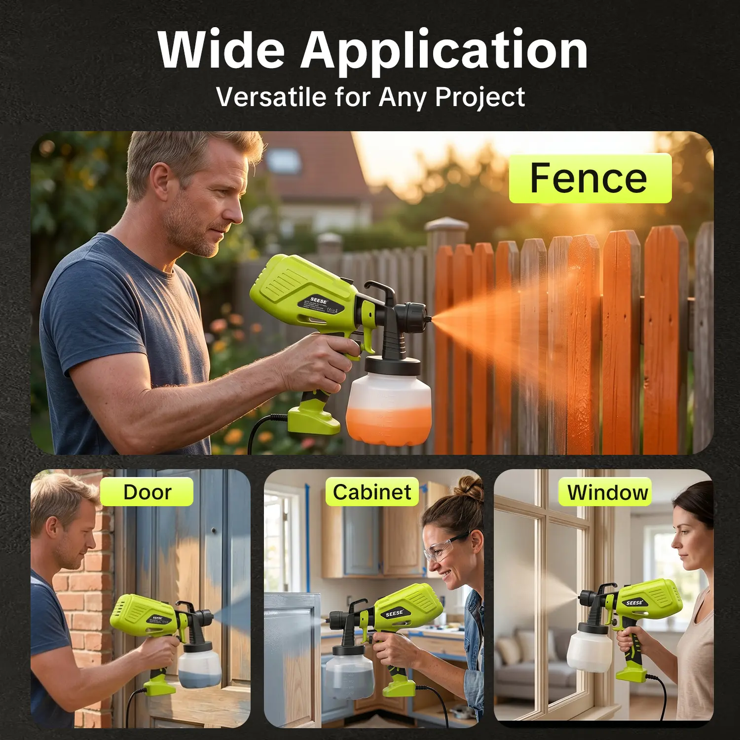 Pulverizador de pintura SEESE, equipado con una pistola de gran capacidad de 1200 ml y accesorios de limpieza; cuenta con control de flujo ajustable, 4 boquillas y 3 modos de pulverización. Fácil de limpiar y adecuado para pintar muebles, vallas, paredes,