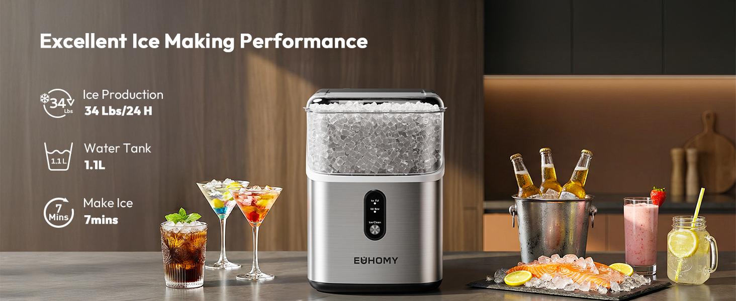 EUHOMY Nugget Ice Makers Countertop, Pebble Ice Maker Machine with 35lbs/24H&33lbs/24H Soft Ice, Self-Cleaning Sonic Ice Maker with Ice Scoop&Basket,  Utensils, Pellet Ice Maker for Home/Kitchen/Office