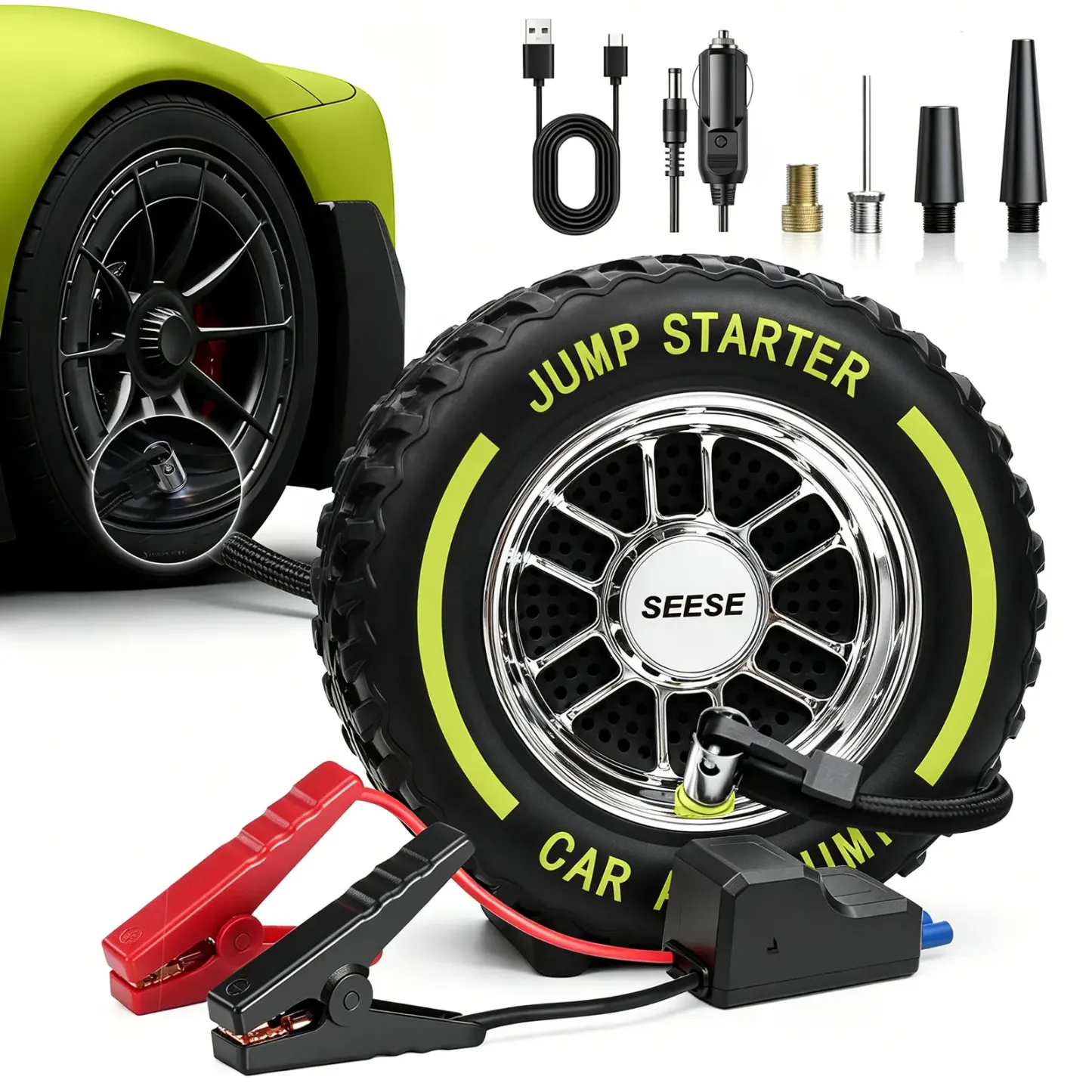 Compresor de aire portátil e inflador de neumáticos SEESE, arrancador de batería para coche de 6000 mAh con luz LED, minibomba de aire inalámbrica de 150 PSI para bicicletas; inflado ultrarrápido y manómetro para automóviles, motocicletas, bicicletas y ba