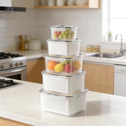 Organizadores de almacenamiento para refrigerador (juego de 3 o 5 piezas): Recipientes apilables de plástico transparente con colador extraíble; herméticos, aptos para lavavajillas y microondas; mantienen frescas por más tiempo las frutas y verduras.