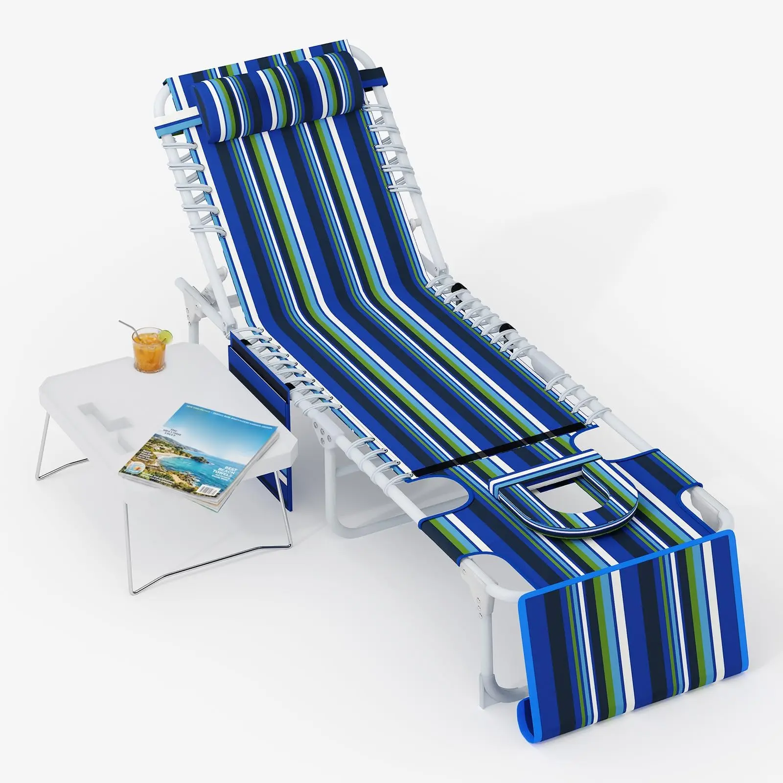 Banco de jardín multifuncional 3 en 1, respaldo de 5 posiciones, cojín extraíble, mesa lateral plegable; para exteriores (playa, piscina, patio, jardín), carga máxima de 150 kg.