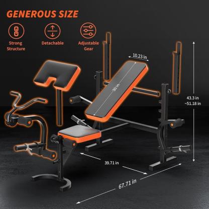 Banco de pesas 6 en 1 con extensión de piernas (no incluye discos de peso) — Banco de entrenamiento para gimnasio en casa con soporte y almohadilla predicador — Banco para levantamiento de pesas