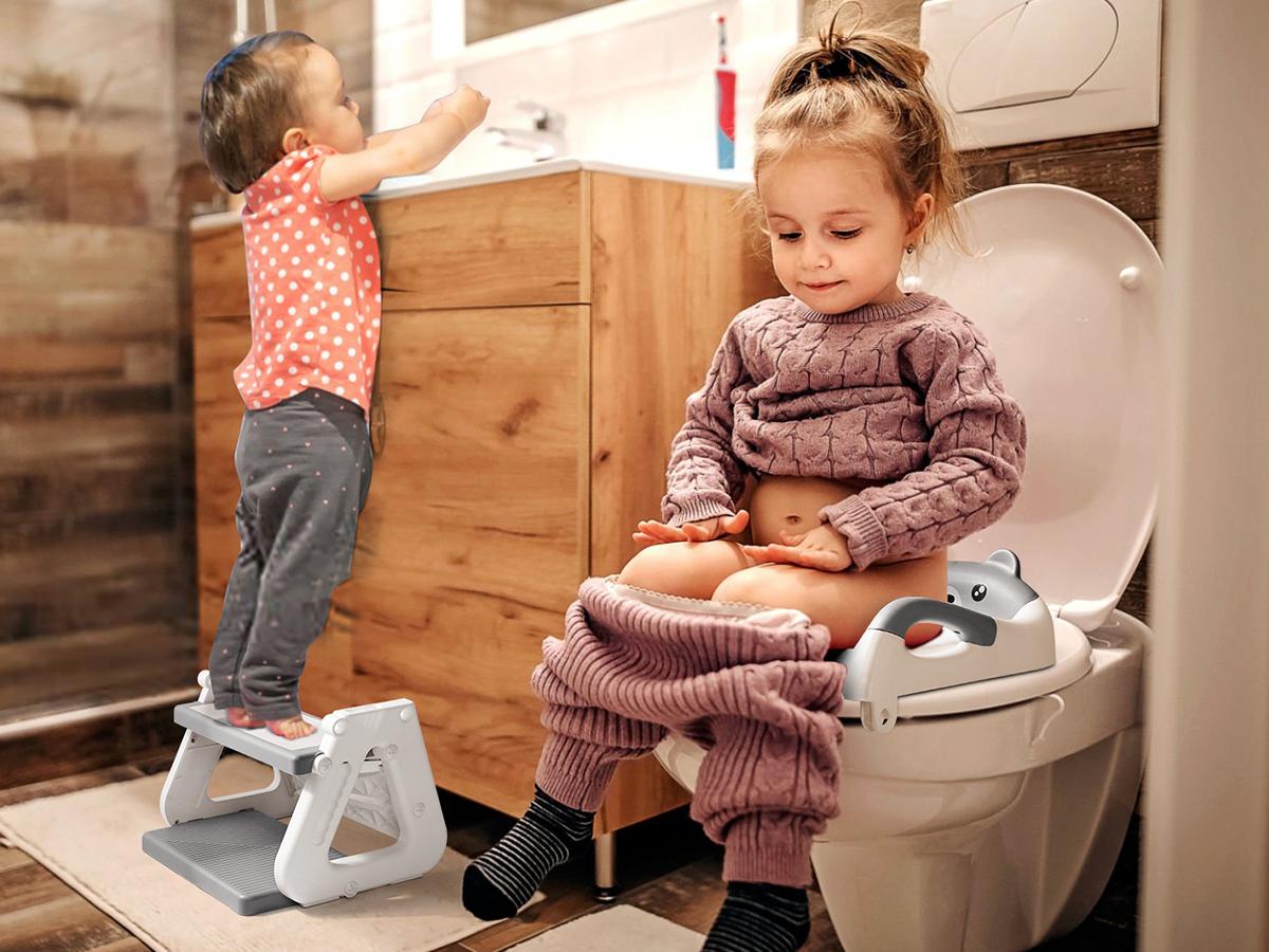 Orzbow Adjustable Height 2-IN-1 Kids Potty Training Toilet Seat with Step Stool, Stable Training Ladder Potty Seat with Splash Guard & Anti-Slip Pad, Grey