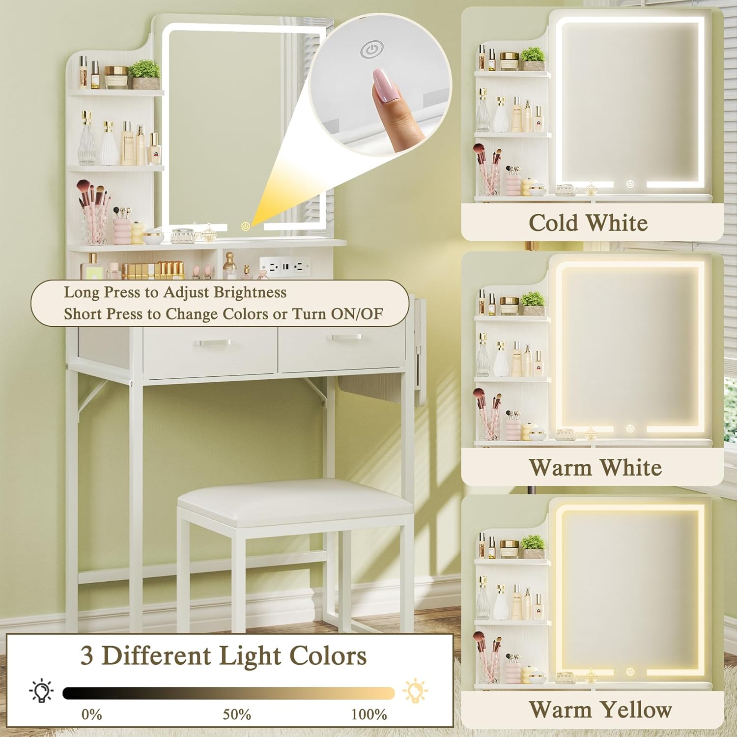 【Summergarden】Makeup Vanity Desk with Mirror and Lights, Small Makeup Vanity with Fabric Storage Drawer & Chair & Shelves, White Vanity with Fold-up Panel and Power Outlet for Bedroom