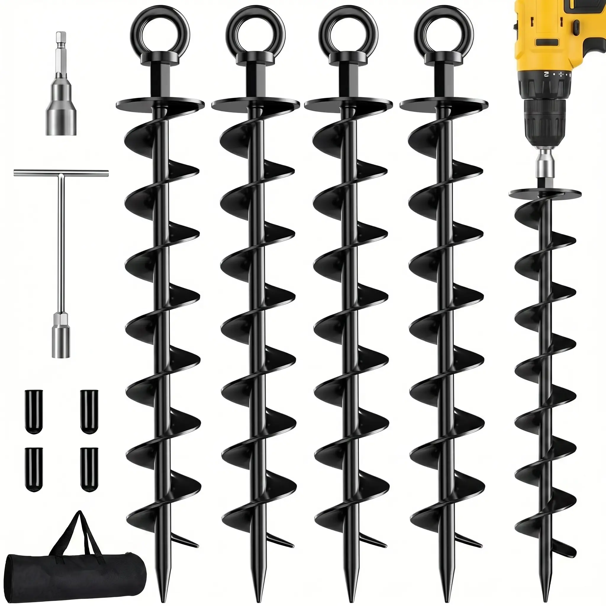 Anclajes de tornillo en espiral para suelo (para camas elásticas, columpios, tiendas de campaña y cobertizos); incluye tuerca y herramienta. Resistentes y de alta resistencia para vientos fuertes; aptos para cocheras, casas móviles y camping.