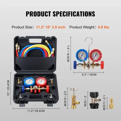 Juego de manómetros de diagnóstico VEVOR para aire acondicionado automotriz; manómetros de 3 vías para refrigerantes R134a, R404A, R1234yf y R22, con mangueras de 5 pies, acopladores y adaptadores; herramienta HVAC para carga, diagnóstico y evacuación de 