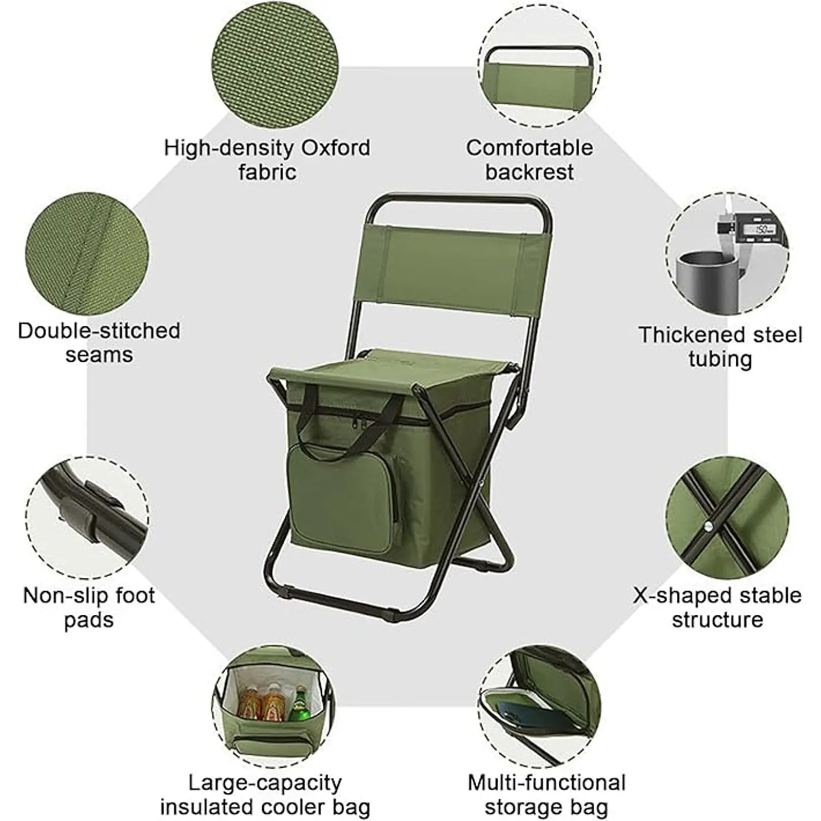 Silla de pesca portátil con bolsa térmica, taburete de pesca compacto, silla de camping plegable y compacta, silla para exteriores de resistente tela Oxford, soporta hasta 440 libras (aprox. 200 kg); ideal para viajes, acampada, caza y senderismo.