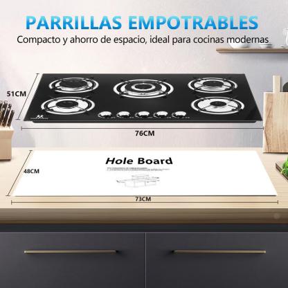 Estufa de Gas Empotrable 5 Quemadores, Vidrio Templado, Rejillas de Hierro Fundido, Encendido Automático, Alta Potencia 48300 BTU para Cocina Moderna