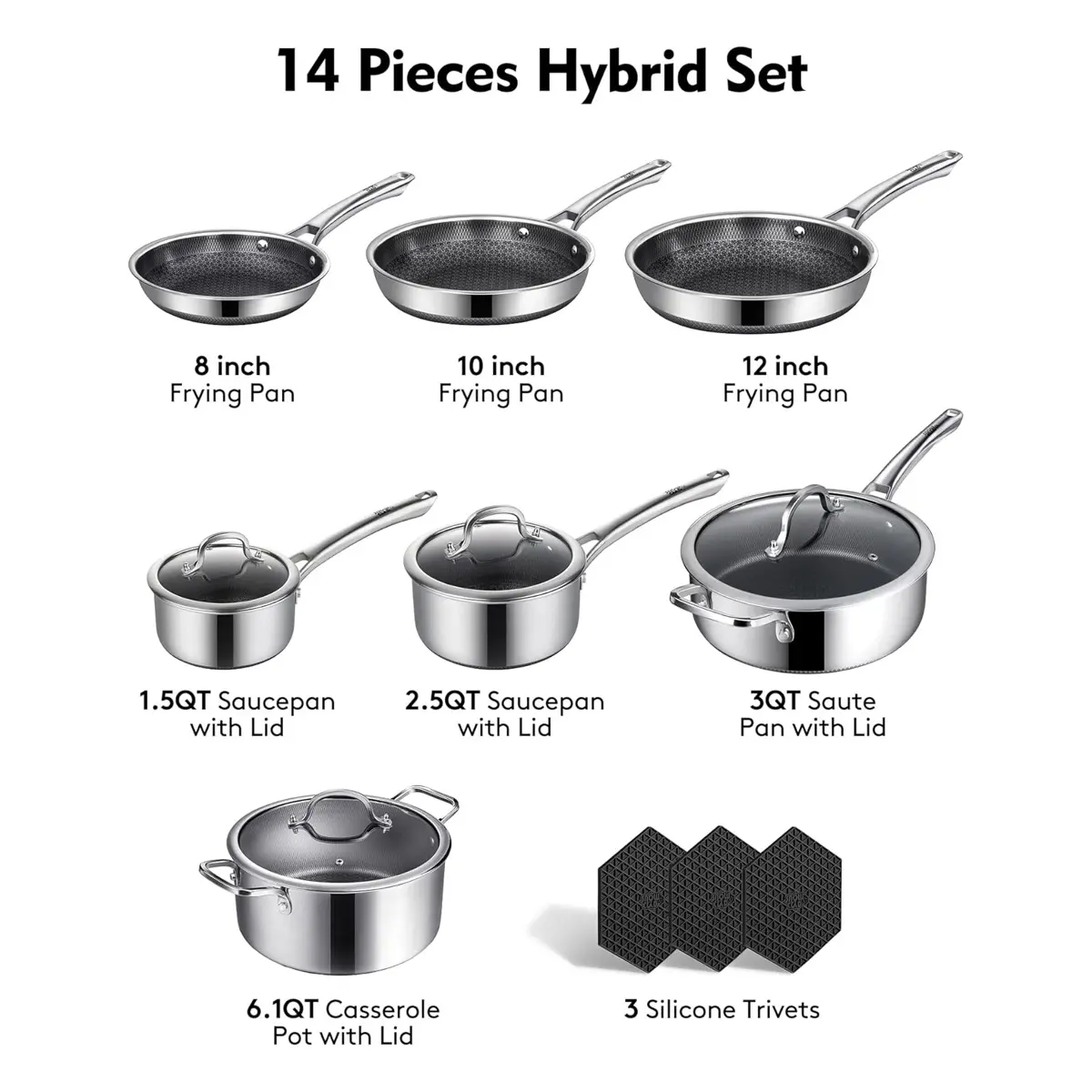 Juego de utensilios de cocina SNOWCLAD de 10 piezas, híbrido de acero inoxidable y antiadherente