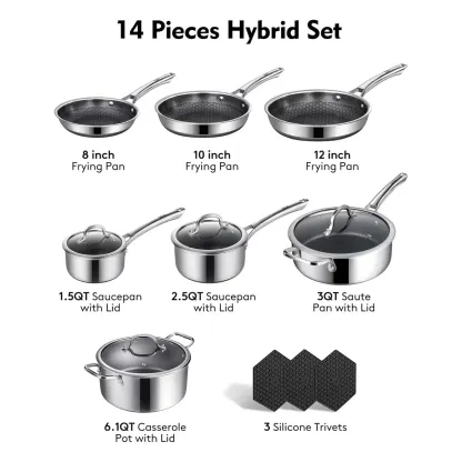 Juego de utensilios de cocina SNOWCLAD de 10 piezas, híbrido de acero inoxidable y antiadherente