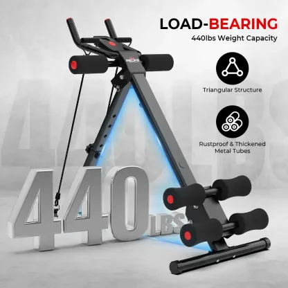 Máquina de abdominales RELIFESPORTS con monitor LCD, equipo plegable para entrenamiento de core, entrenador ajustable para gimnasio en casa con bandas de resistencia para ejercicio de cuerpo completo.