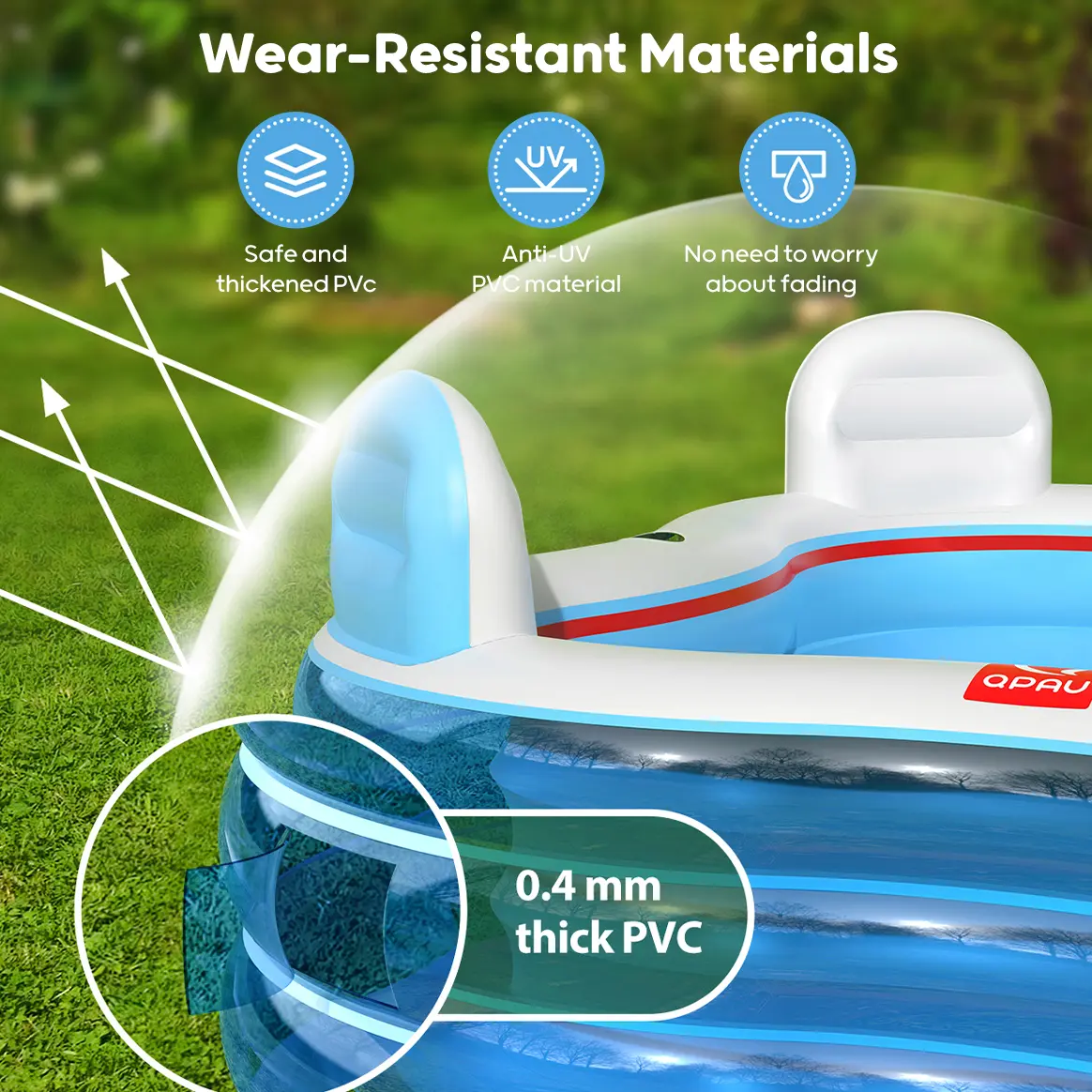 Piscina inflable QPAU, piscina inflable de tamaño completo con asientos y respaldos, piscina infantil para exteriores y jardín, para la diversión familiar en verano, color azul (Jelly Blue).