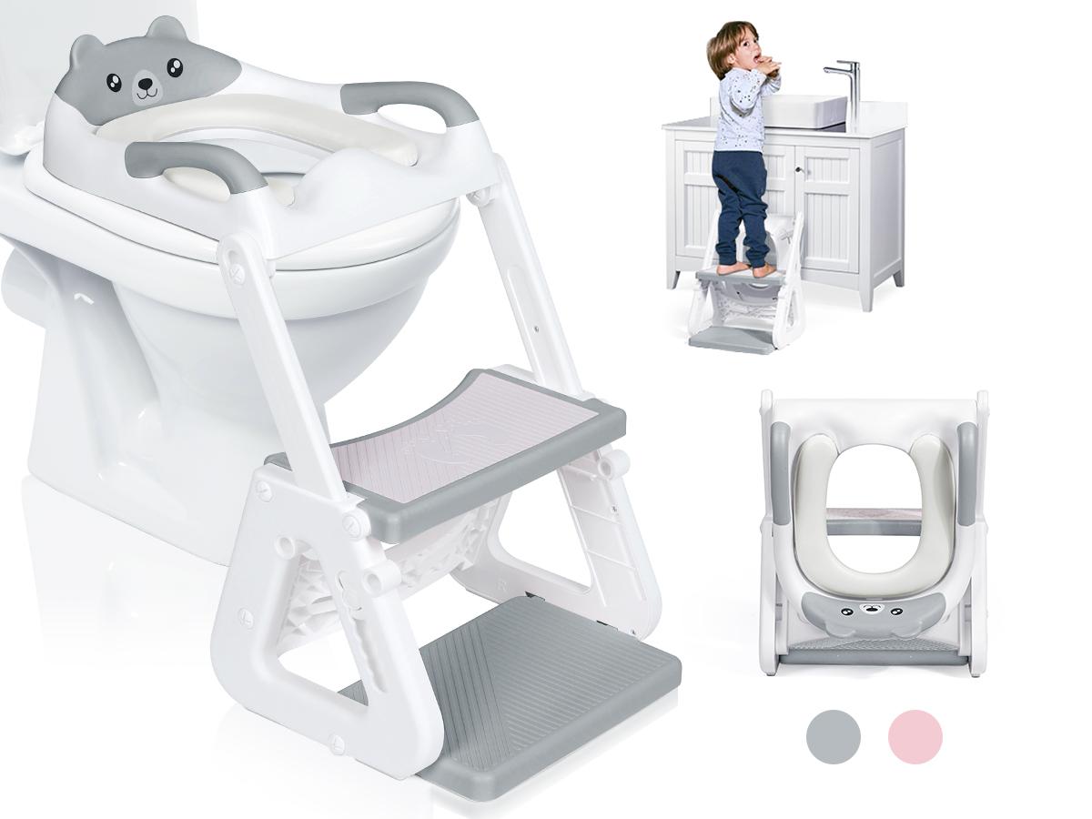 Orzbow Adjustable Height 2-IN-1 Kids Potty Training Toilet Seat with Step Stool, Stable Training Ladder Potty Seat with Splash Guard & Anti-Slip Pad, Grey