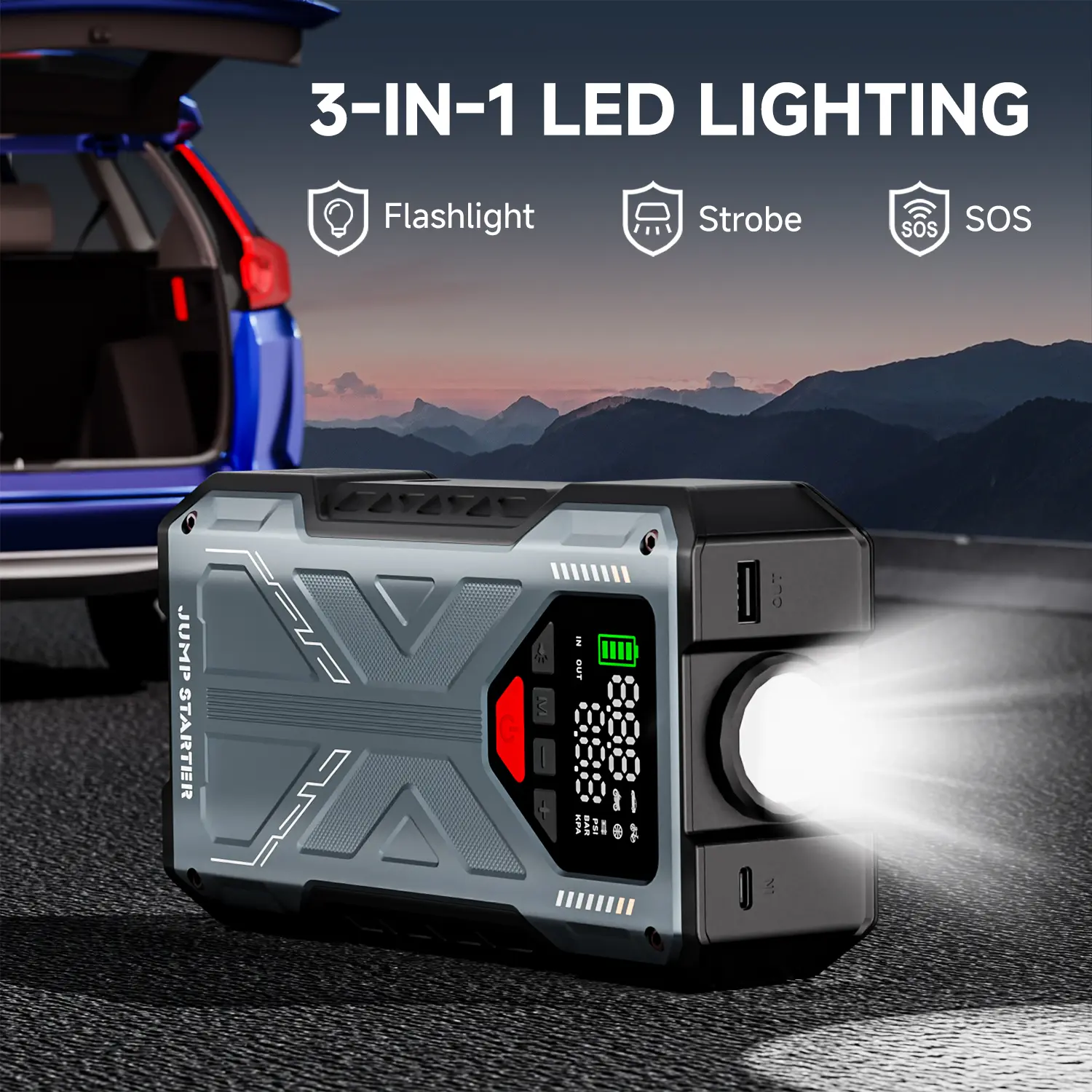 Arrancador portátil para coche y compresor de aire Geeneu de 16800 mAh