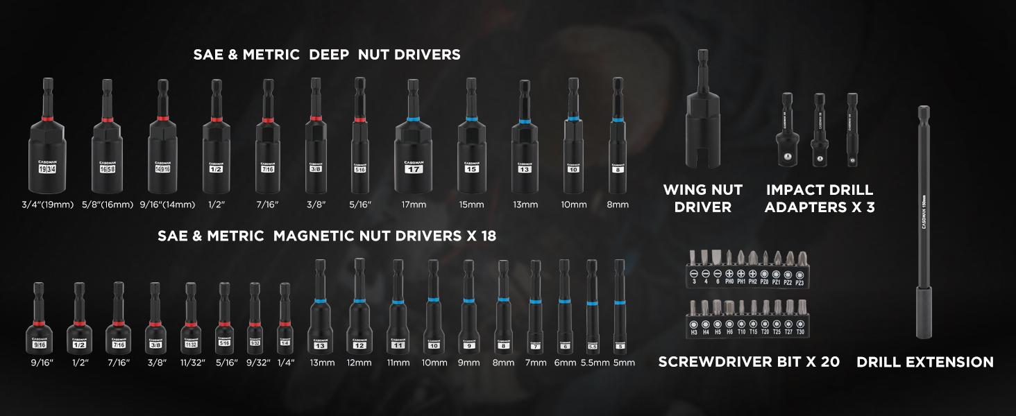 CASOMAN 55-Piece Magnetic Nut Driver Set for Impact Drill - Deep, Shallow, Metric, SAE; Includes Screwdriver Bits, Bit Extension Bar, Socket Adapters, Wing Nut Driver, Tool Box - Father's Day Gift, DEALS FOR YOU DAY