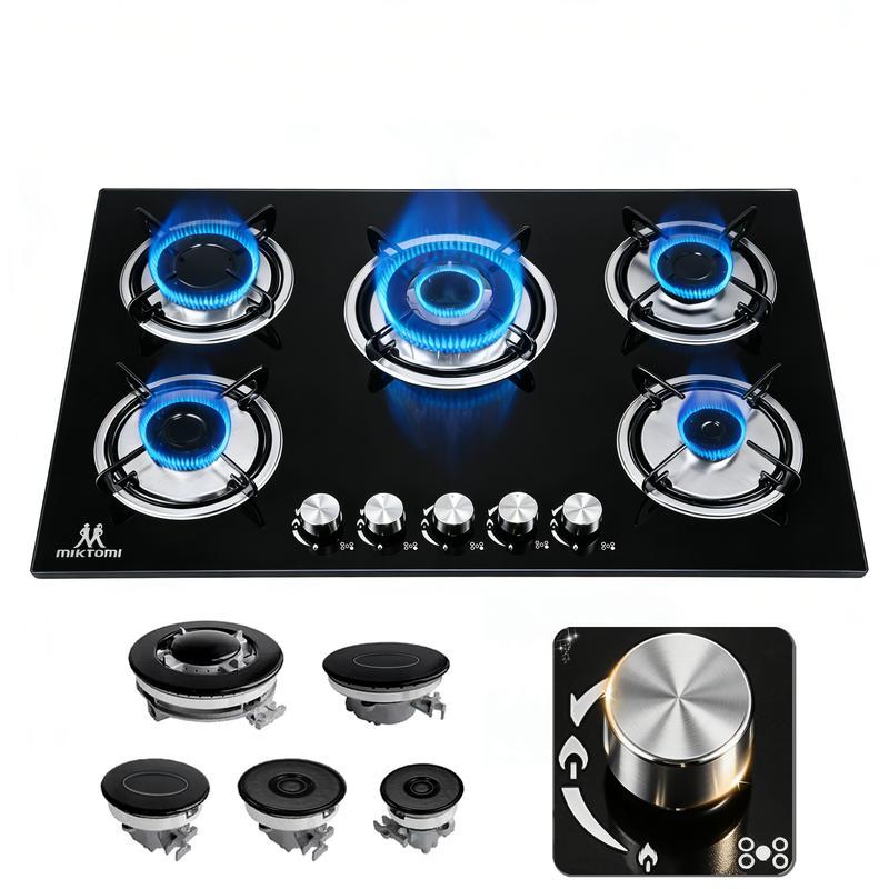 Estufa de Gas Empotrable 5 Quemadores, Vidrio Templado, Rejillas de Hierro Fundido, Encendido Automático, Alta Potencia 48300 BTU para Cocina Moderna