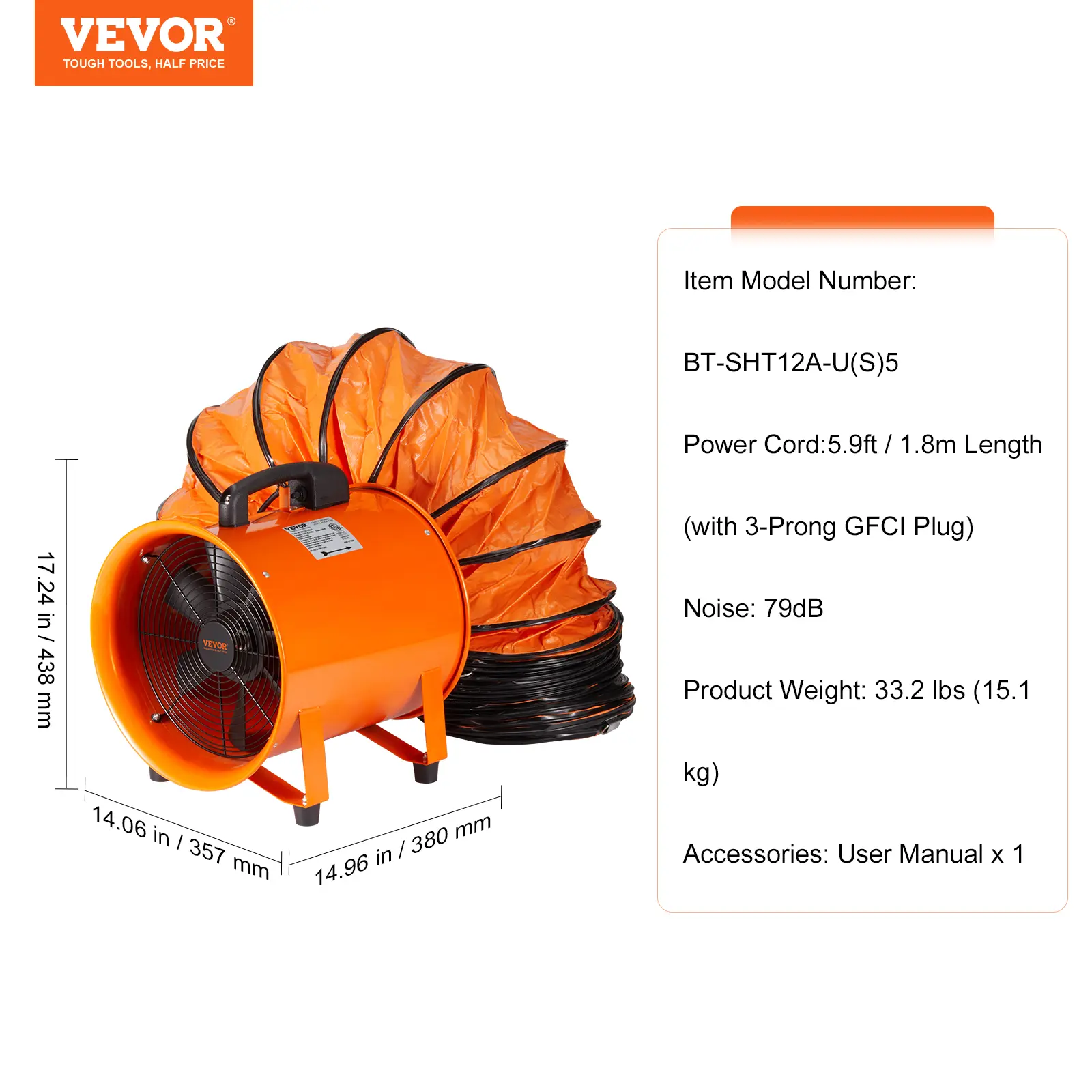 Ventilador portátil VEVOR, soplador industrial de 12 pulgadas y 3198 CFM
