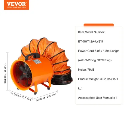 Ventilador portátil VEVOR, soplador industrial de 12 pulgadas y 3198 CFM