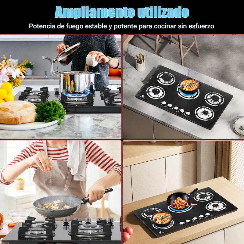 Estufa de Gas Empotrable 5 Quemadores, Vidrio Templado, Rejillas de Hierro Fundido, Encendido Automático, Alta Potencia 48300 BTU para Cocina Moderna