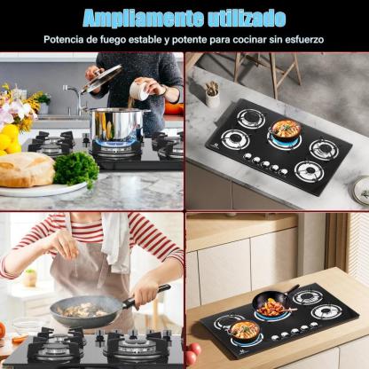 Estufa de Gas Empotrable 5 Quemadores, Vidrio Templado, Rejillas de Hierro Fundido, Encendido Automático, Alta Potencia 48300 BTU para Cocina Moderna