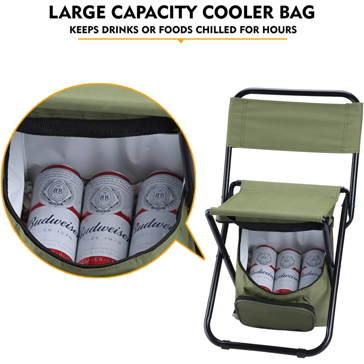 Silla de pesca portátil con bolsa térmica, taburete de pesca compacto, silla de camping plegable y compacta, silla para exteriores de resistente tela Oxford, soporta hasta 440 libras (aprox. 200 kg); ideal para viajes, acampada, caza y senderismo.