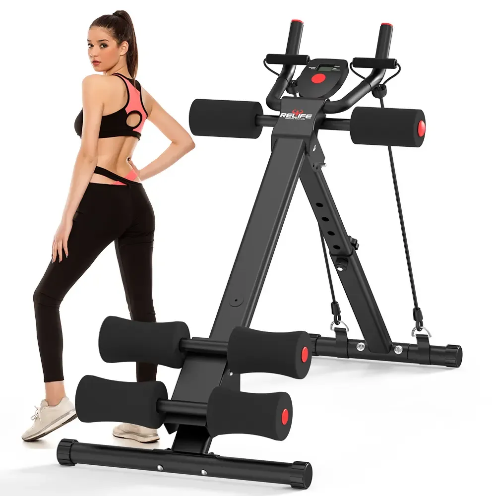Máquina de abdominales RELIFESPORTS con monitor LCD, equipo plegable para entrenamiento de core, entrenador ajustable para gimnasio en casa con bandas de resistencia para ejercicio de cuerpo completo.