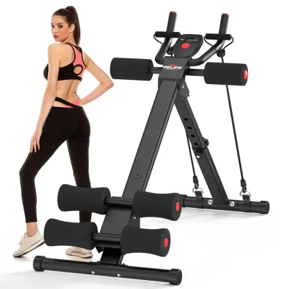 Máquina de abdominales RELIFESPORTS con monitor LCD, equipo plegable para entrenamiento de core, entrenador ajustable para gimnasio en casa con bandas de resistencia para ejercicio de cuerpo completo.